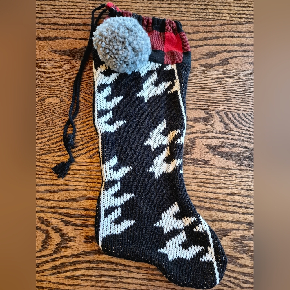 Black and White Knit Stocking with Pom Pom